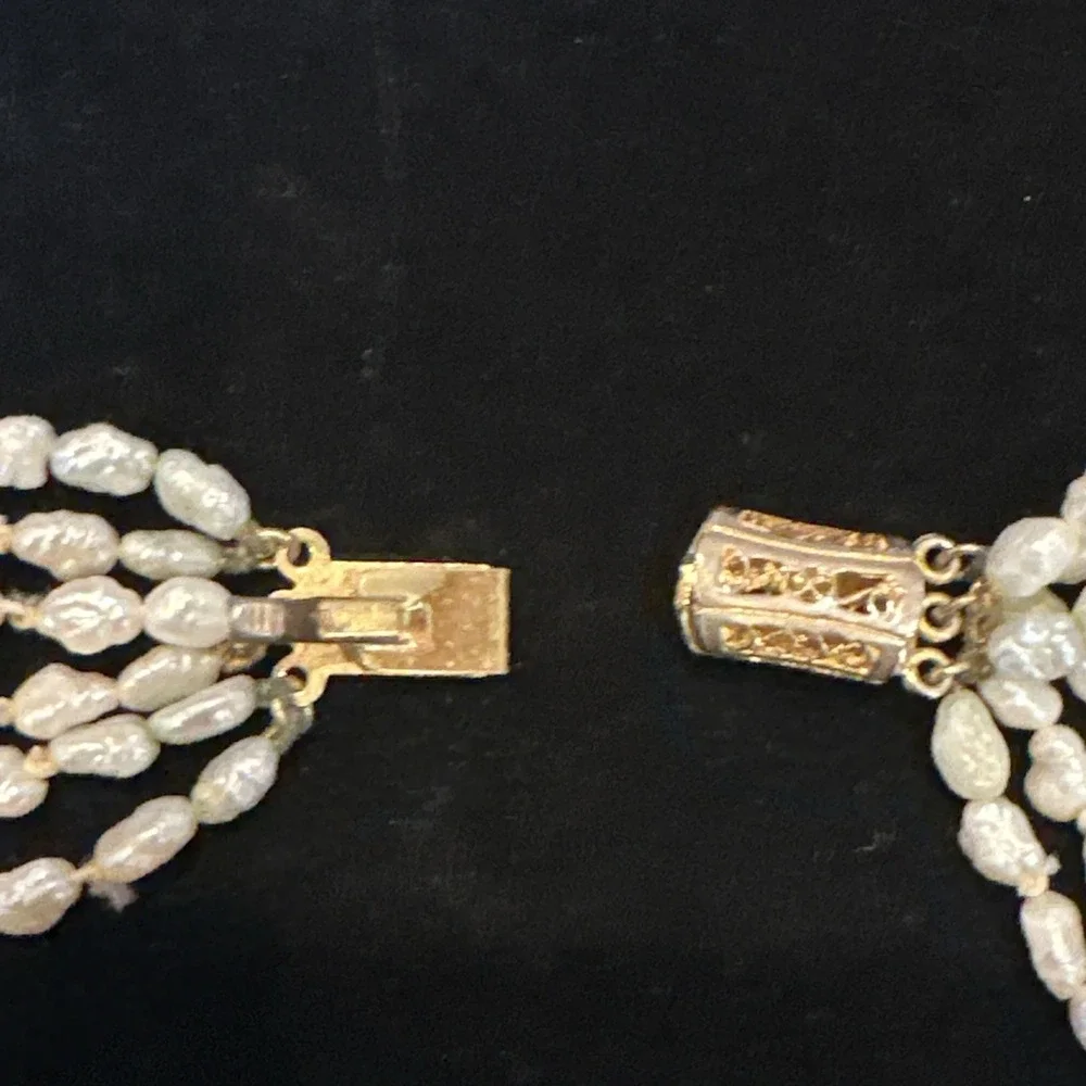 VTG Six Strand Seed Pearl Necklace Gold Tone Clasp Beads Hand Knotted Classic